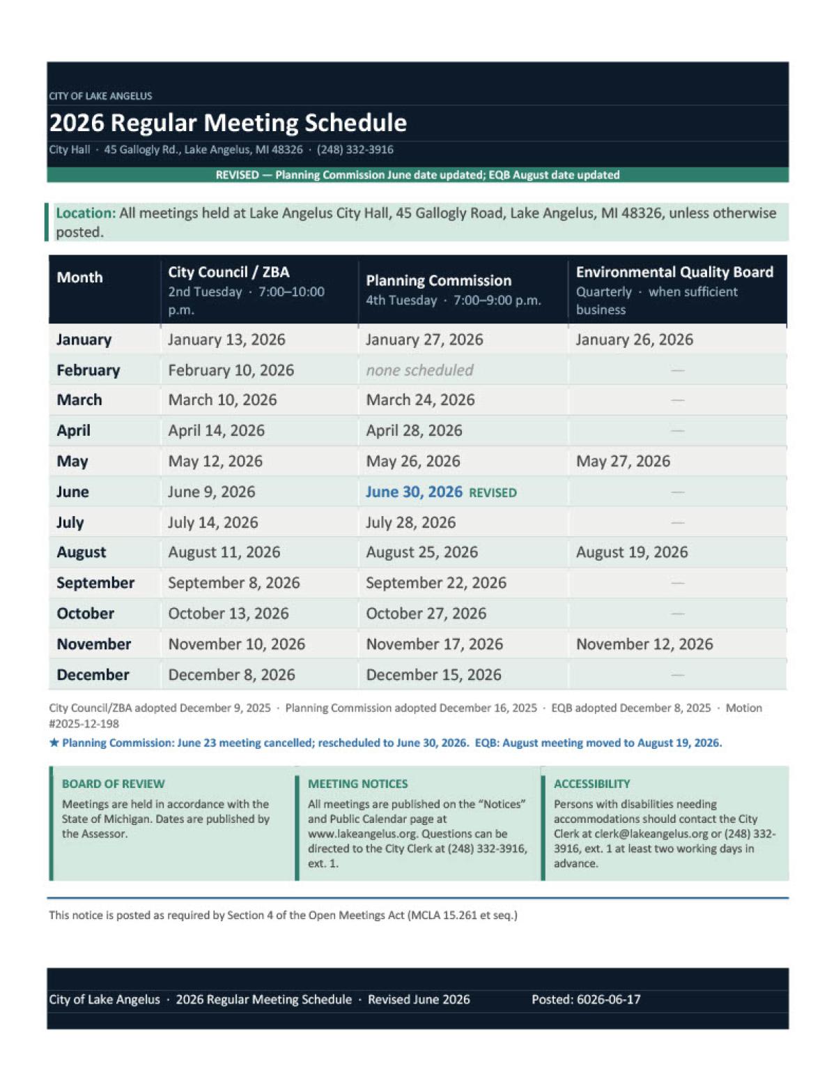 able of 2026 City Council, Planning Commission, and Environmental Quality Board meeting dates for the City of Lake Angelus, revised to reflect a Planning Commission date change to June 30 and an Environmental Quality Board date of August 19.